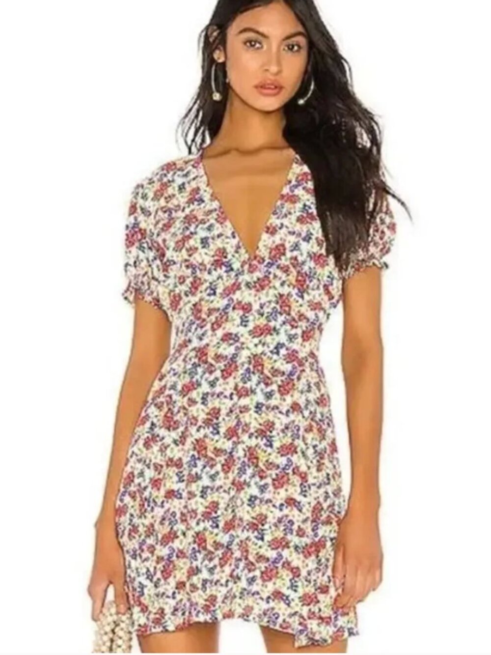 Faithfull The Brand Raphaela Floral Puff Sleeve Dress in White Red Medium US 6